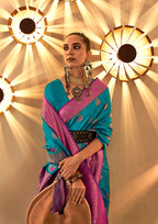 Monjolika Fashion Blue Color Handloom Silk Classic Saree With Blouse | Grocsy