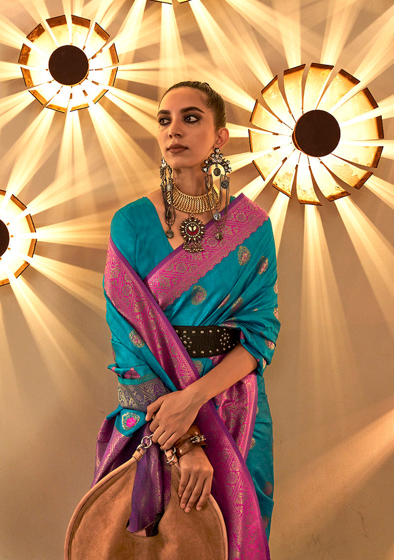 Monjolika Fashion Blue Color Handloom Silk Classic Saree With Blouse | Grocsy