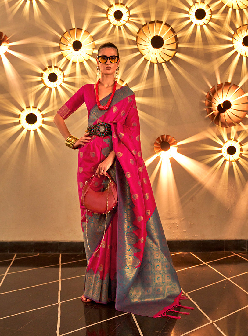 Monjolika Fashion Rani Pink Color Handloom Silk Classic Saree With Blouse | Grocsy