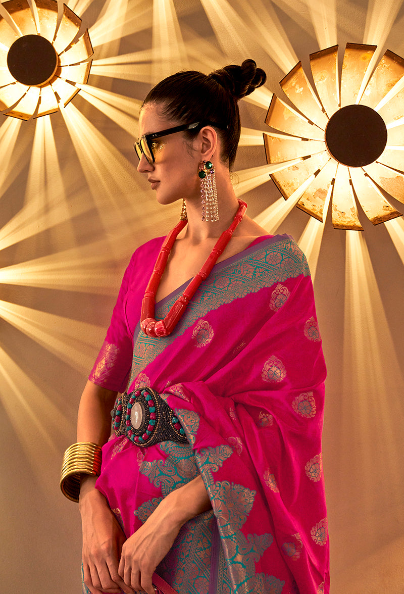 Monjolika Fashion Rani Pink Color Handloom Silk Classic Saree With Blouse | Grocsy