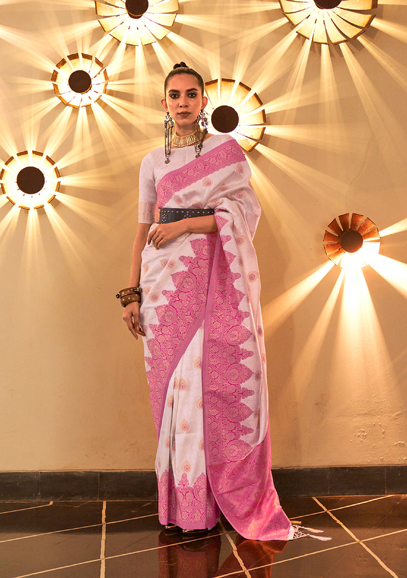 Monjolika Fashion White Color Handloom Silk Classic Saree With Blouse | Grocsy