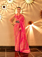 Monjolika Fashion Bright Pink Color Handloom Silk Classic Saree With Blouse | Grocsy