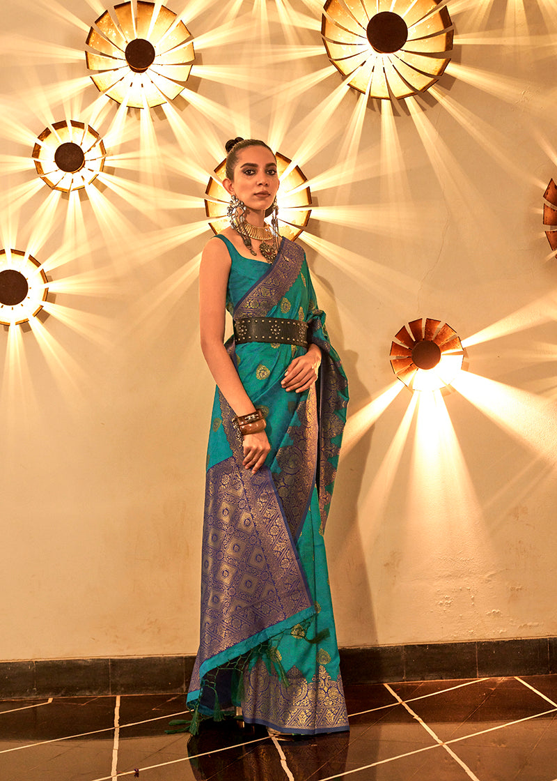 Monjolika Fashion Turquoise Color Handloom Silk Classic Saree With Blouse | Grocsy