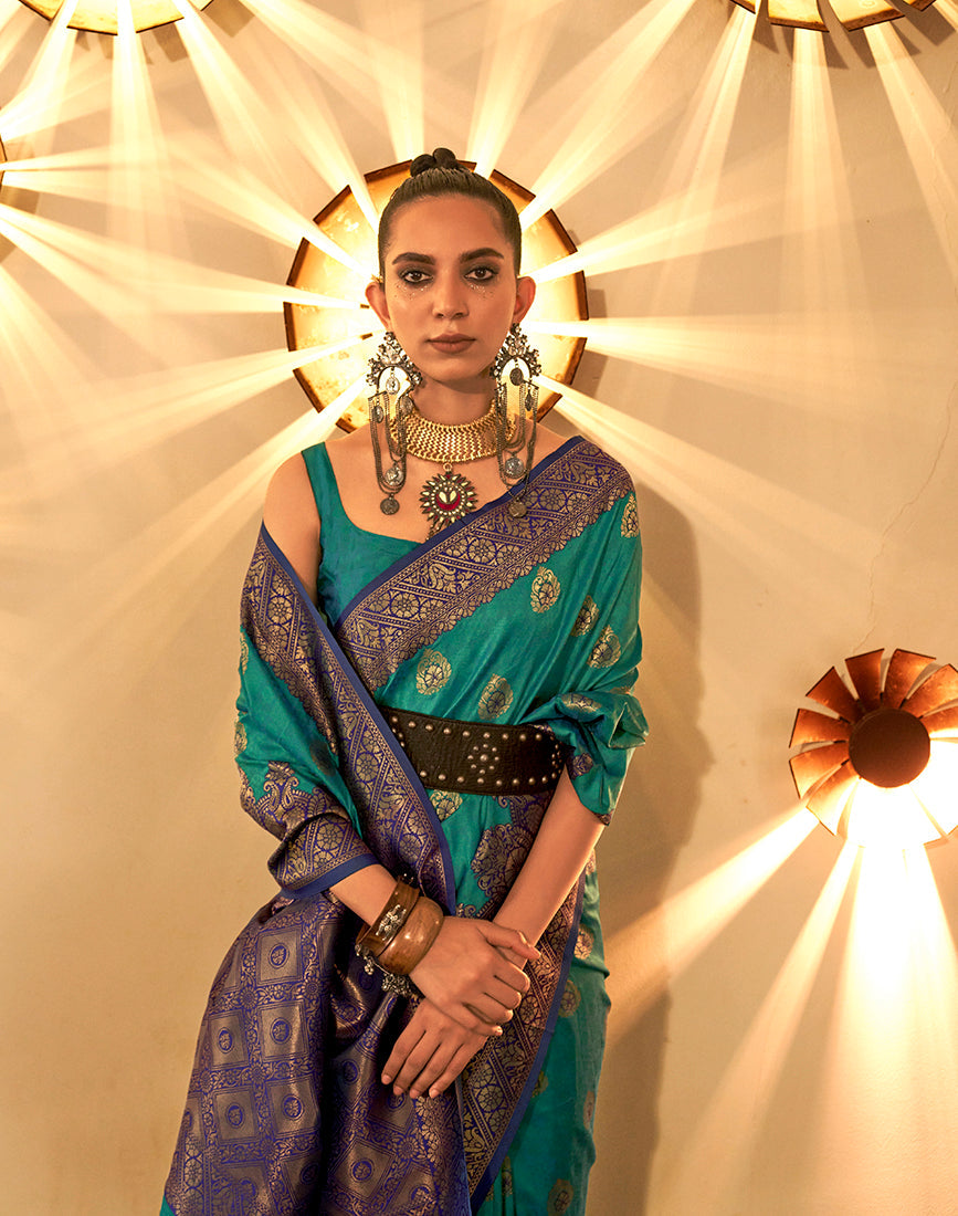 Monjolika Fashion Turquoise Color Handloom Silk Classic Saree With Blouse | Grocsy