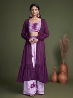 Myra Purple Koti Style Silk and Georgette Embroidered Palazo Suit | Grocsy