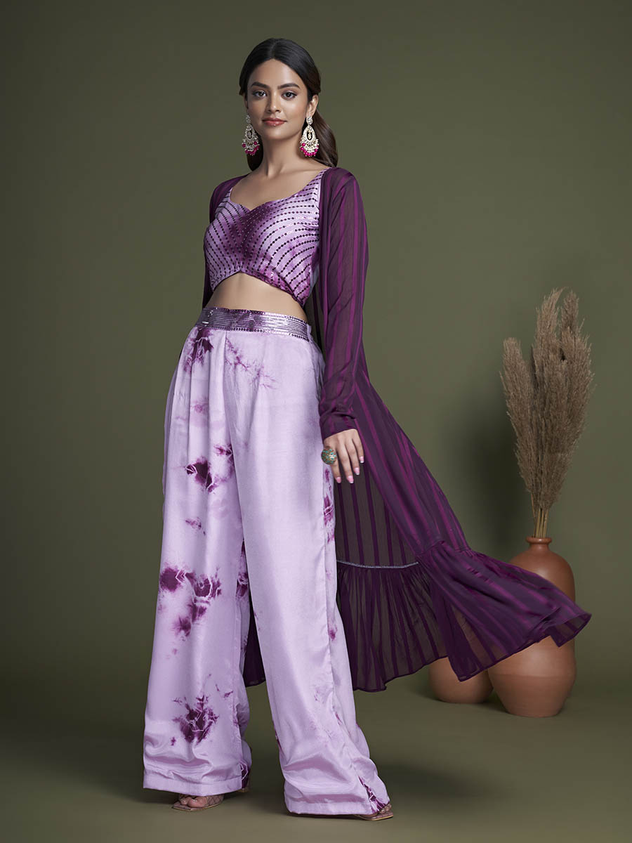 Myra Purple Koti Style Silk and Georgette Embroidered Palazo Suit | Grocsy
