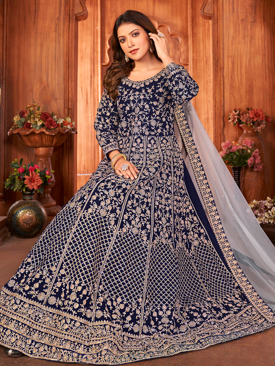 Myra Navy Blue Velvet Embroidered Anarkali Suit | Grocsy
