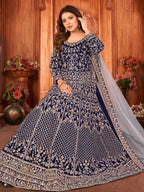 Myra Navy Blue Velvet Embroidered Anarkali Suit | Grocsy