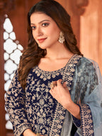 Myra Navy Blue Velvet Embroidered Anarkali Suit | Grocsy