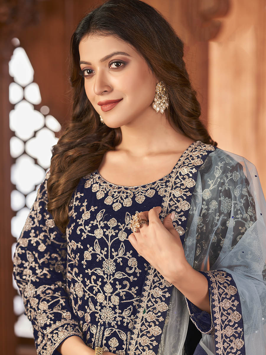 Myra Navy Blue Velvet Embroidered Anarkali Suit | Grocsy
