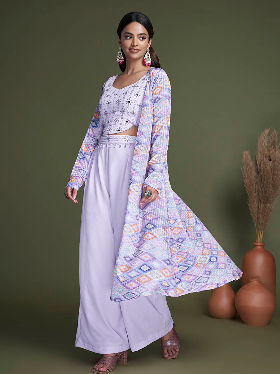Myra Lavender Koti Style Silk and Georgette Embroidered Palazo Suit | Grocsy