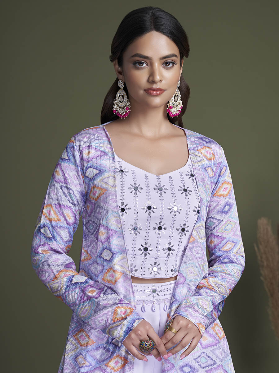 Myra Lavender Koti Style Silk and Georgette Embroidered Palazo Suit | Grocsy