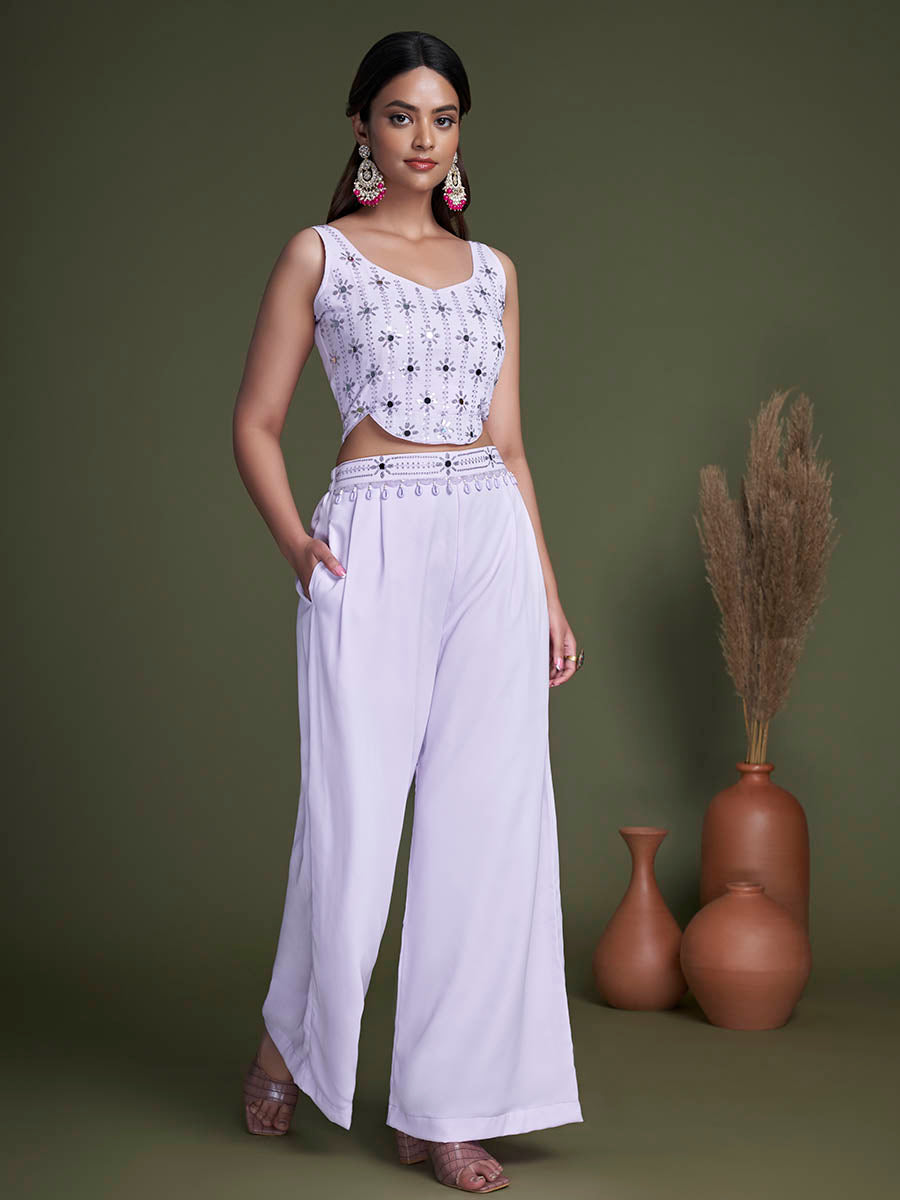 Myra Lavender Koti Style Silk and Georgette Embroidered Palazo Suit | Grocsy