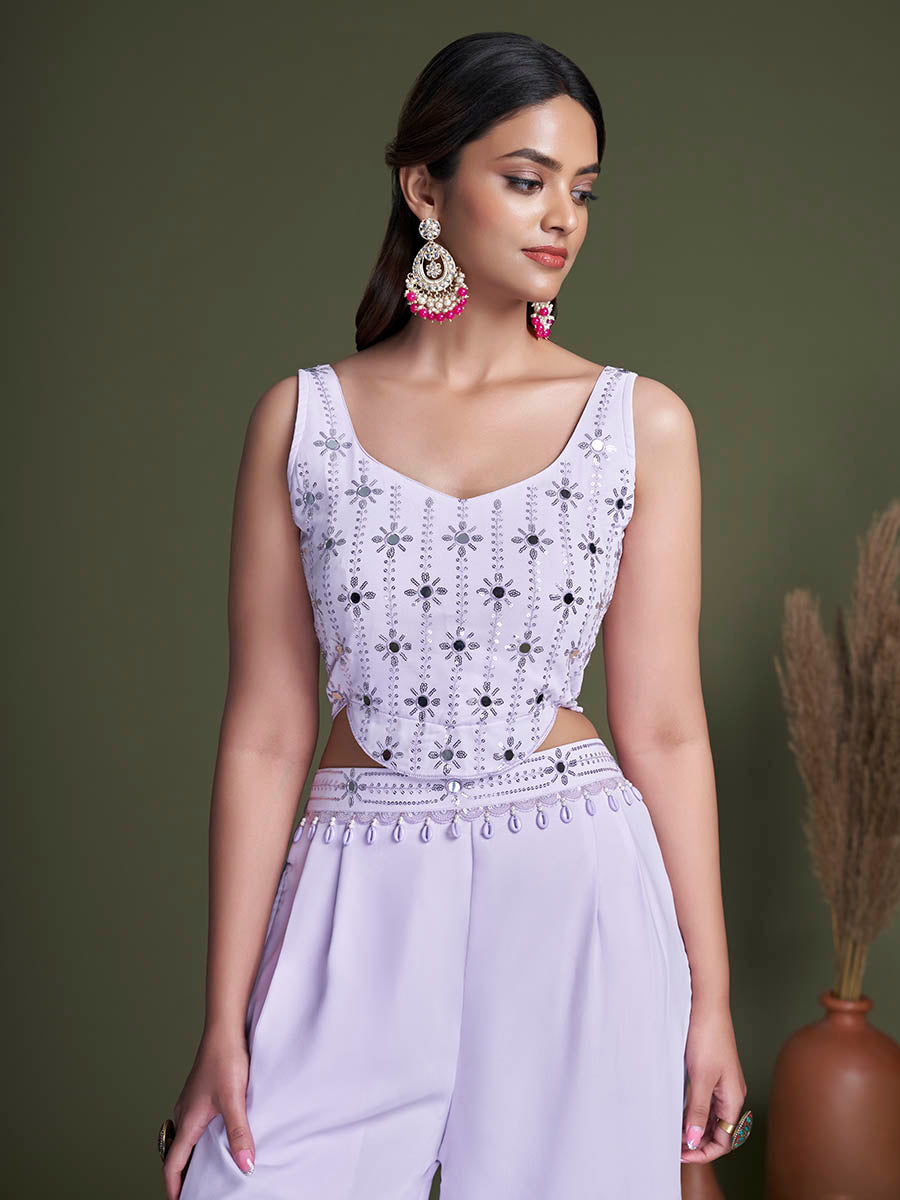 Myra Lavender Koti Style Silk and Georgette Embroidered Palazo Suit | Grocsy