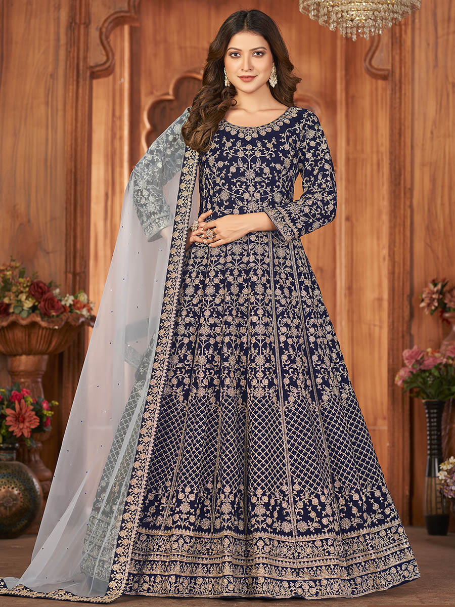 Myra Navy Blue Velvet Embroidered Anarkali Suit | Grocsy