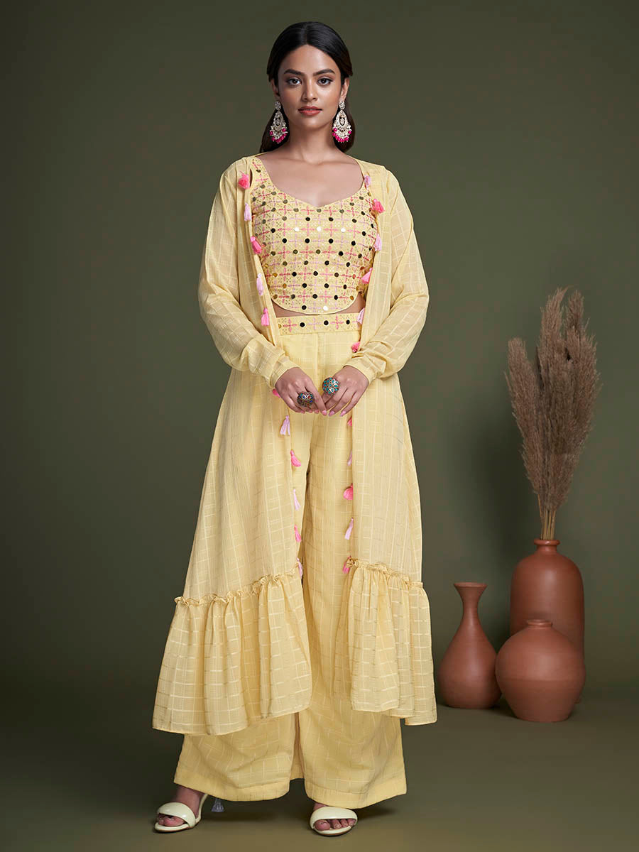 Myra Yellow Koti Style Silk and Georgette Embroidered Palazo Suit | Grocsy