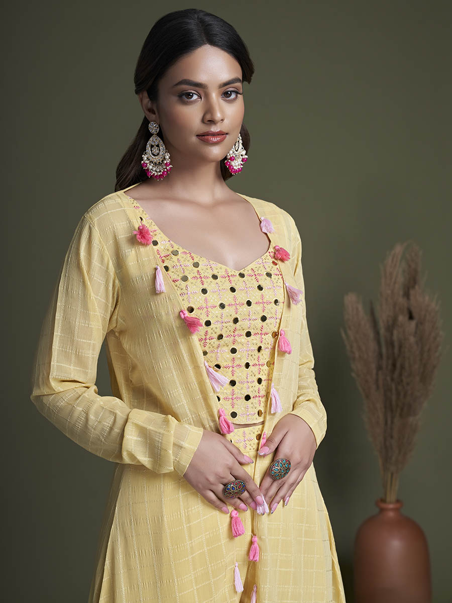 Myra Yellow Koti Style Silk and Georgette Embroidered Palazo Suit | Grocsy