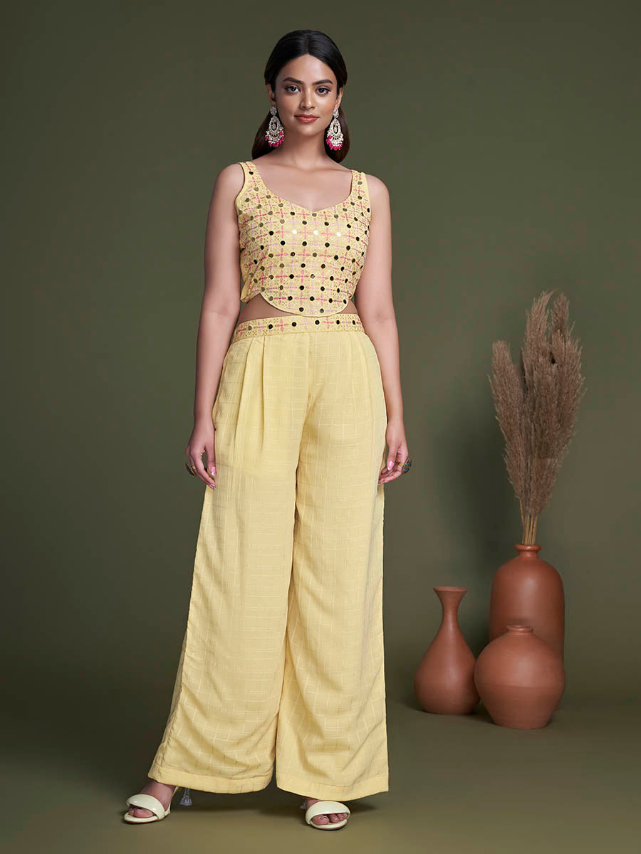 Myra Yellow Koti Style Silk and Georgette Embroidered Palazo Suit | Grocsy