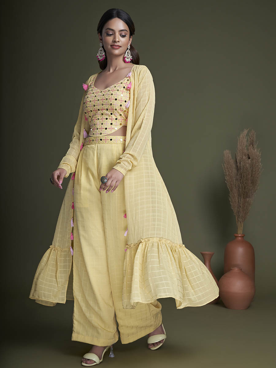 Myra Yellow Koti Style Silk and Georgette Embroidered Palazo Suit | Grocsy
