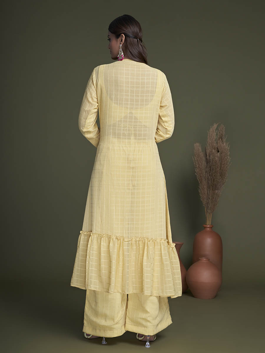 Myra Yellow Koti Style Silk and Georgette Embroidered Palazo Suit | Grocsy