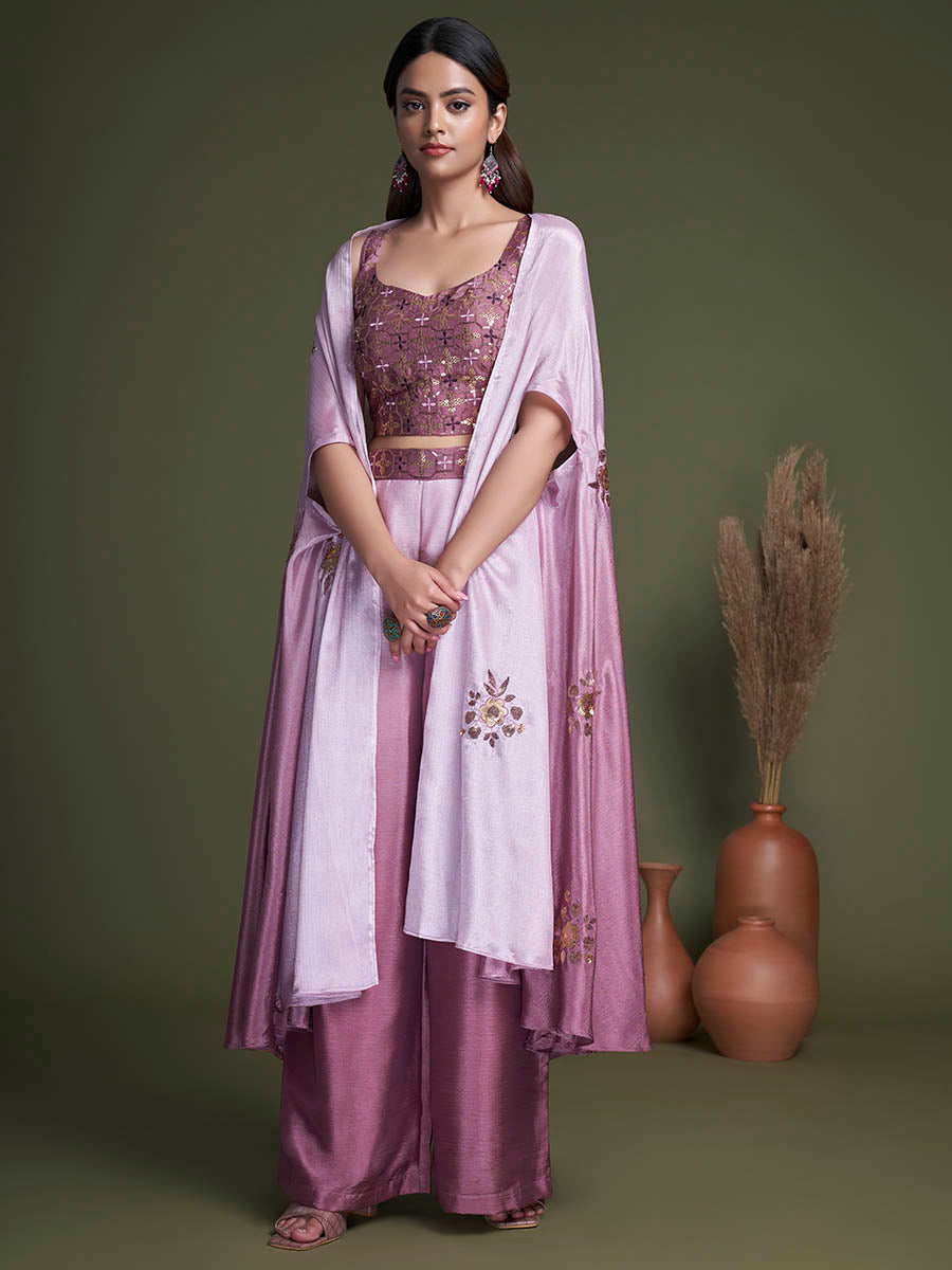 Myra Pink Koti Style Silk and Georgette Embroidered Palazo Suit | Grocsy