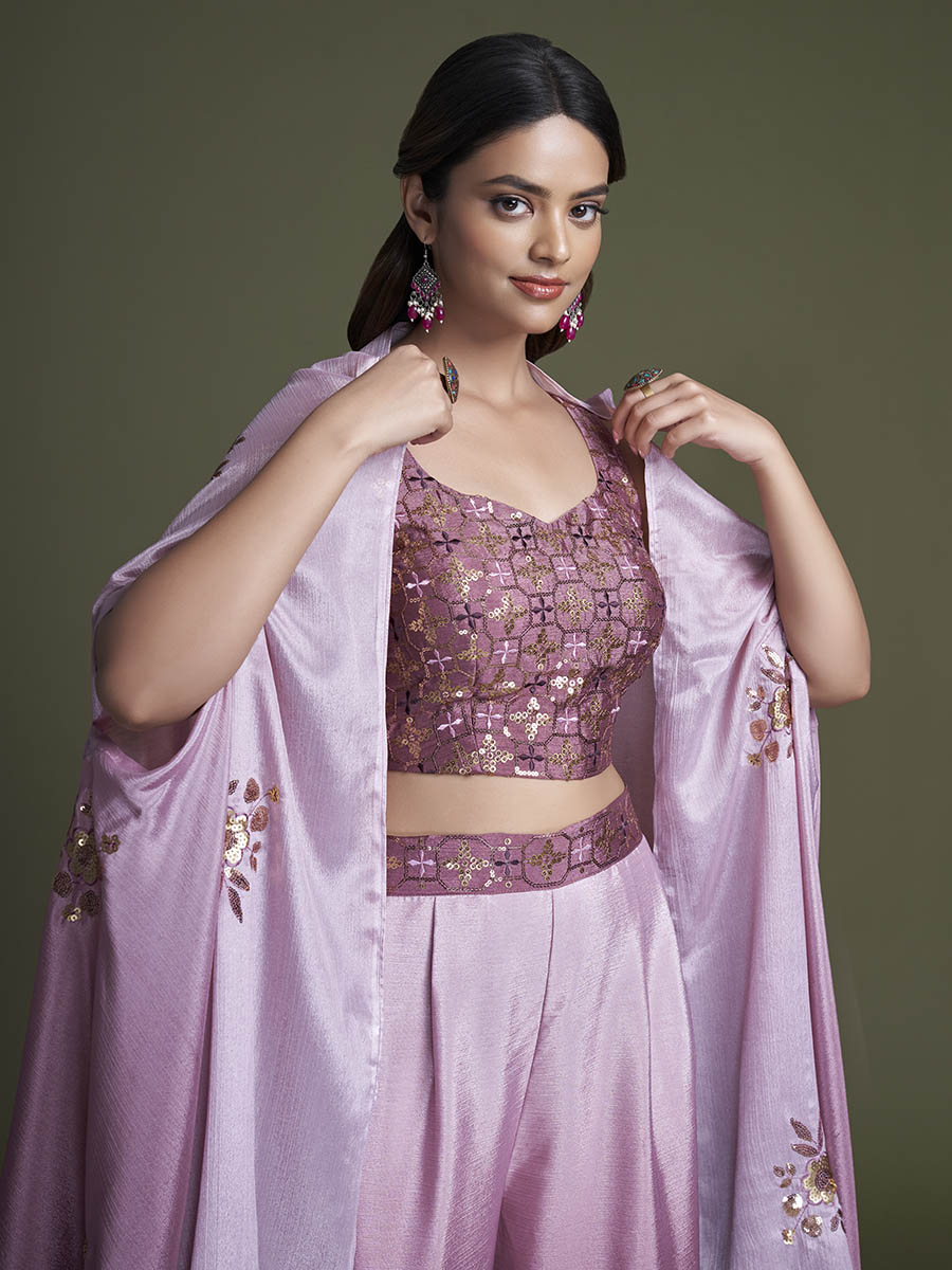 Myra Pink Koti Style Silk and Georgette Embroidered Palazo Suit | Grocsy