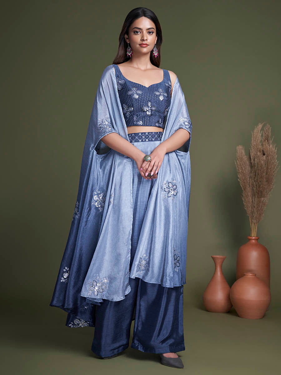 Myra Navy Koti Style Silk and Georgette Embroidered Palazo Suit | Grocsy