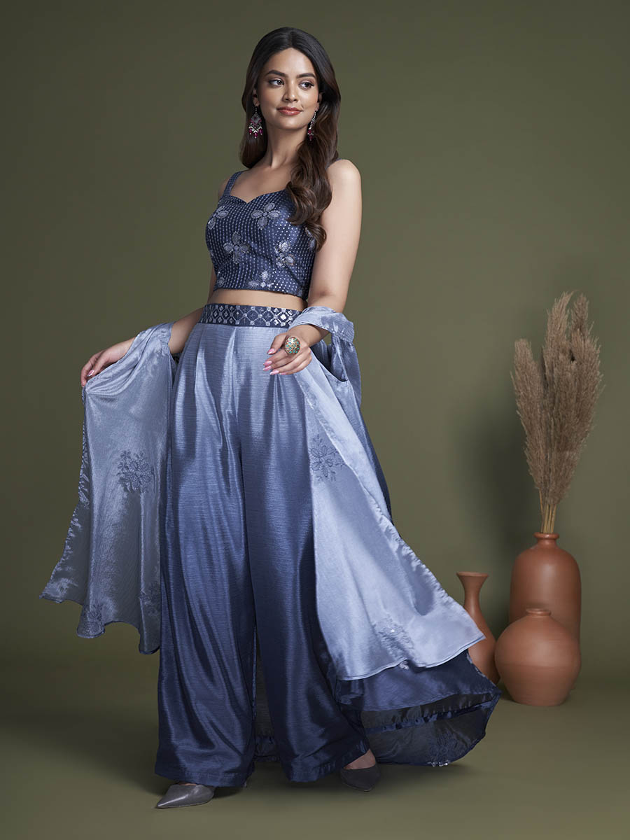 Myra Navy Koti Style Silk and Georgette Embroidered Palazo Suit | Grocsy