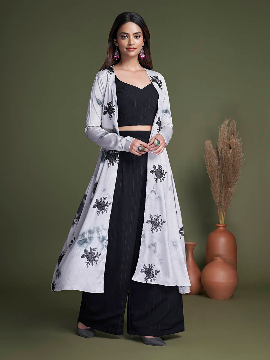 Myra Black and White Koti Style Silk and Georgette Embroidered Palazo Suit | Grocsy