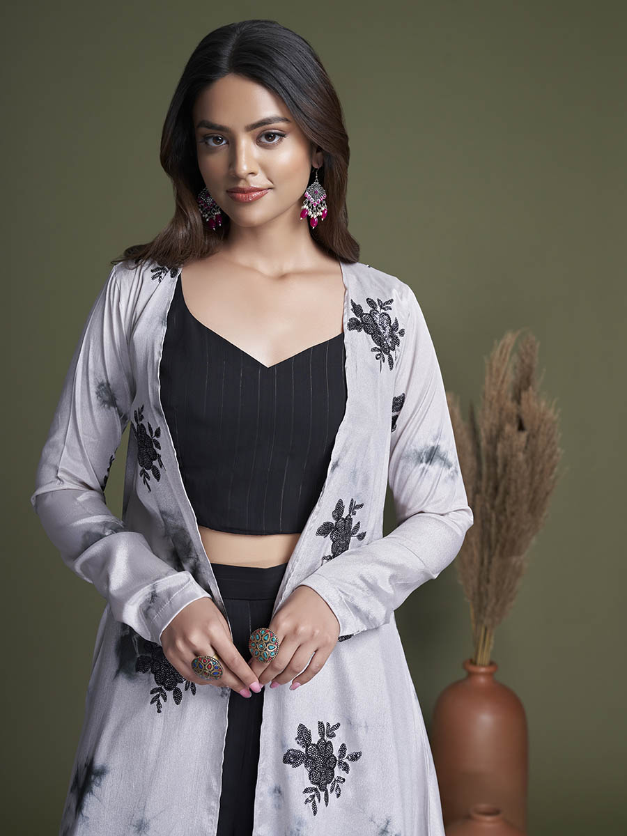 Myra Black and White Koti Style Silk and Georgette Embroidered Palazo Suit | Grocsy