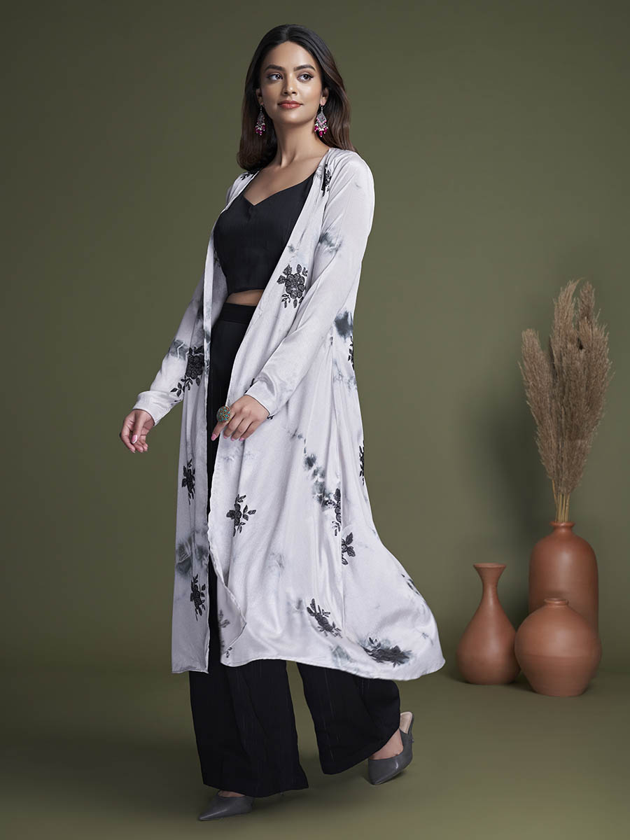 Myra Black and White Koti Style Silk and Georgette Embroidered Palazo Suit | Grocsy