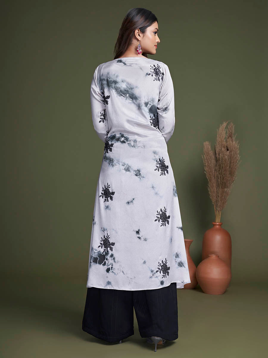 Myra Black and White Koti Style Silk and Georgette Embroidered Palazo Suit | Grocsy