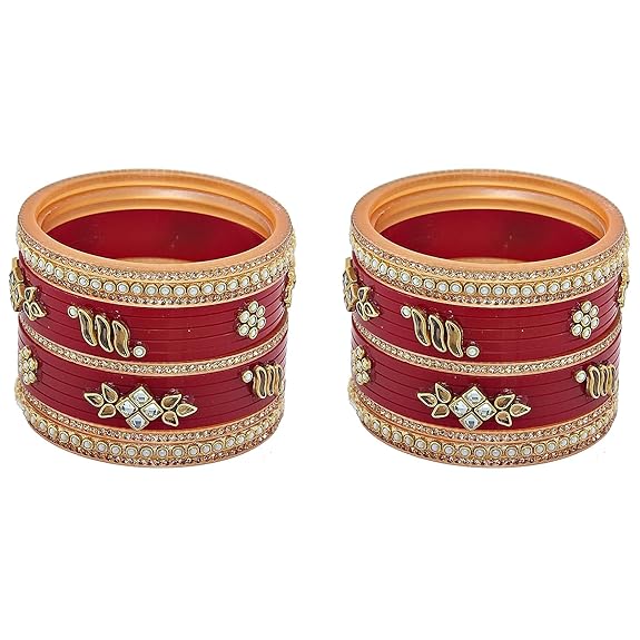 Tehzeeb Creations Bridal Bangle set Wedding punjabi chuda Designer chura Kundan Stone with Pearl Maroon Color choora | Grocsy
