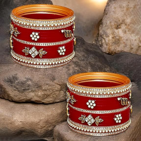 Tehzeeb Creations Bridal Bangle set Wedding punjabi chuda Designer chura Kundan Stone with Pearl Maroon Color choora | Grocsy