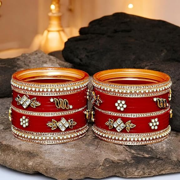 Tehzeeb Creations Bridal Bangle set Wedding punjabi chuda Designer chura Kundan Stone with Pearl Maroon Color choora | Grocsy