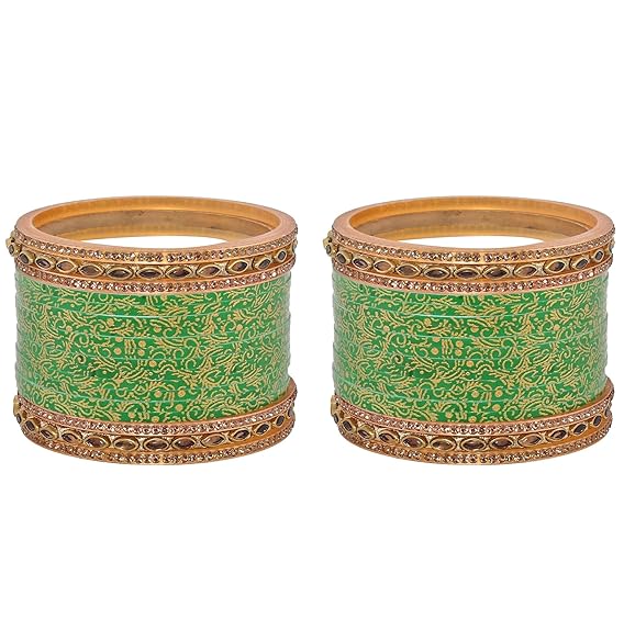 Tehzeeb Creations Bridal Bangle Set Wedding Punjabi Chuda Designer Chura CZ Stone with Kundan Stone Green Color Small Size Choora For Women | Grocsy