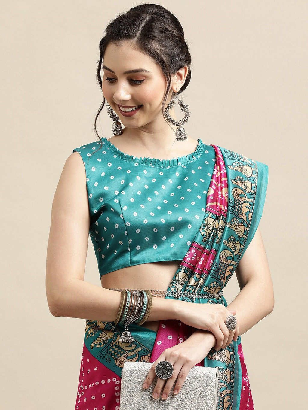 Saree Mall Pink & Teal Bandhani Printed Saree | Grocsy