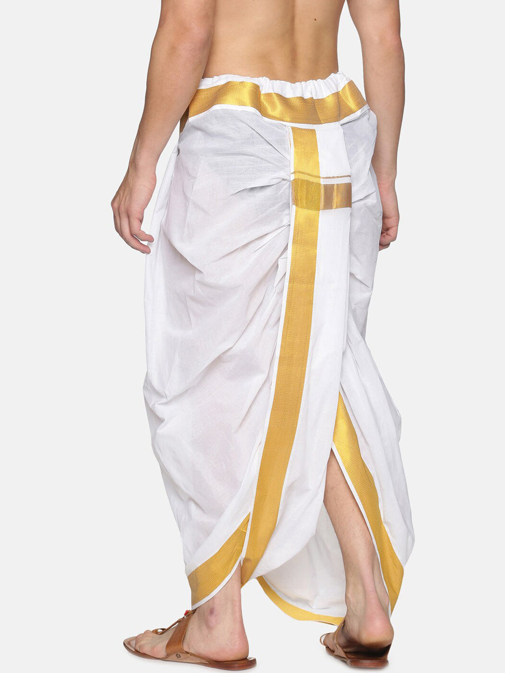 Sethukrishna Men White & Gold-Coloured Solid Readymade Dhoti Pant | Grocsy