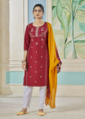 Jyoti Fashion Women's Maroon Pure Viscose Weaving Stripe with Embroidery Kurta Set | Grocsy