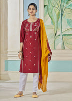 Jyoti Fashion Women's Maroon Pure Viscose Weaving Stripe with Embroidery Kurta Set | Grocsy