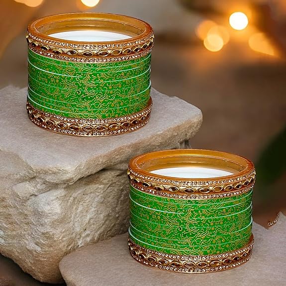 Tehzeeb Creations Bridal Bangle Set Wedding Punjabi Chuda Designer Chura CZ Stone with Kundan Stone Green Color Small Size Choora For Women | Grocsy