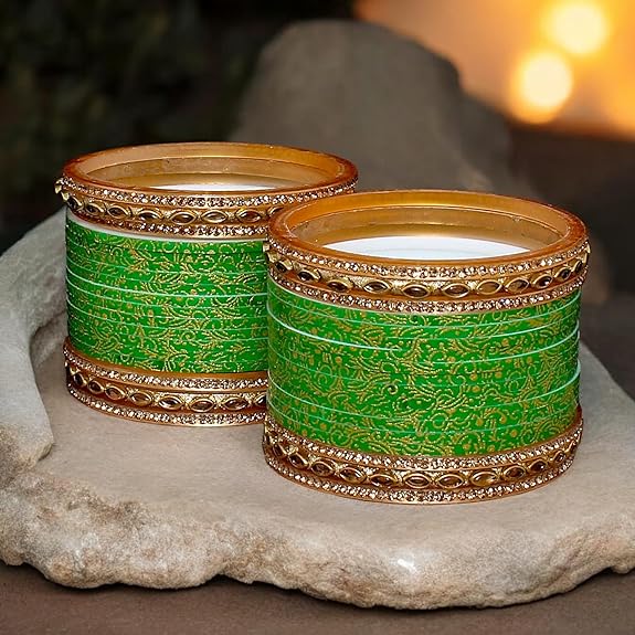 Tehzeeb Creations Bridal Bangle Set Wedding Punjabi Chuda Designer Chura CZ Stone with Kundan Stone Green Color Small Size Choora For Women | Grocsy