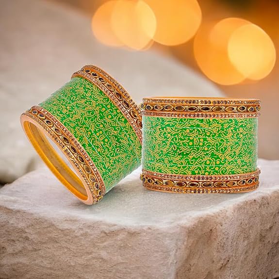 Tehzeeb Creations Bridal Bangle Set Wedding Punjabi Chuda Designer Chura CZ Stone with Kundan Stone Green Color Small Size Choora For Women | Grocsy