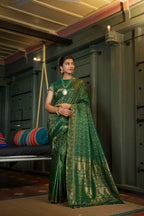 Vardha Myrtle Green Golden Zari Banarasi Satin Silk Saree | Grocsy