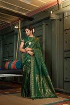 Vardha Myrtle Green Golden Zari Banarasi Satin Silk Saree | Grocsy