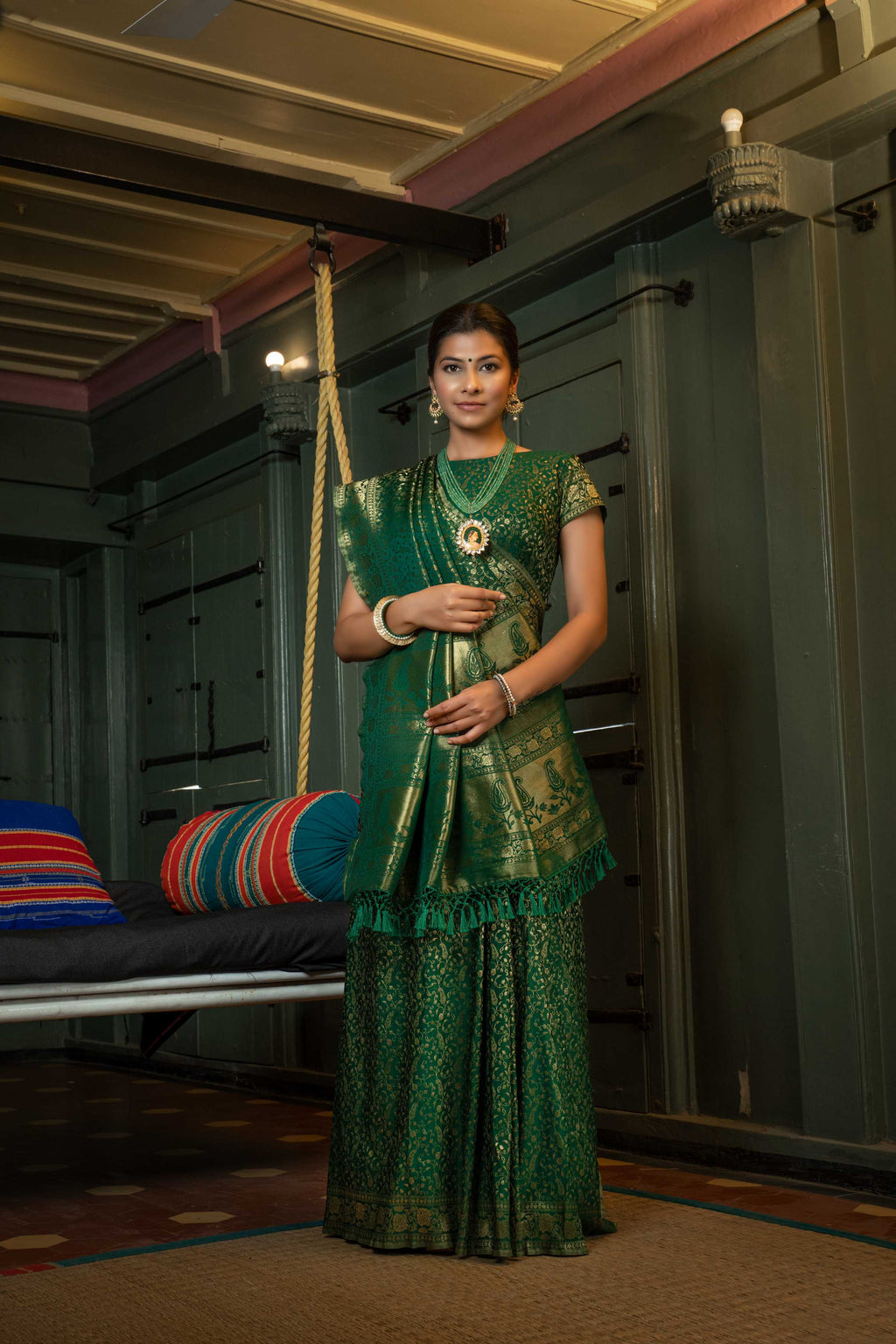 Vardha Myrtle Green Golden Zari Banarasi Satin Silk Saree | Grocsy