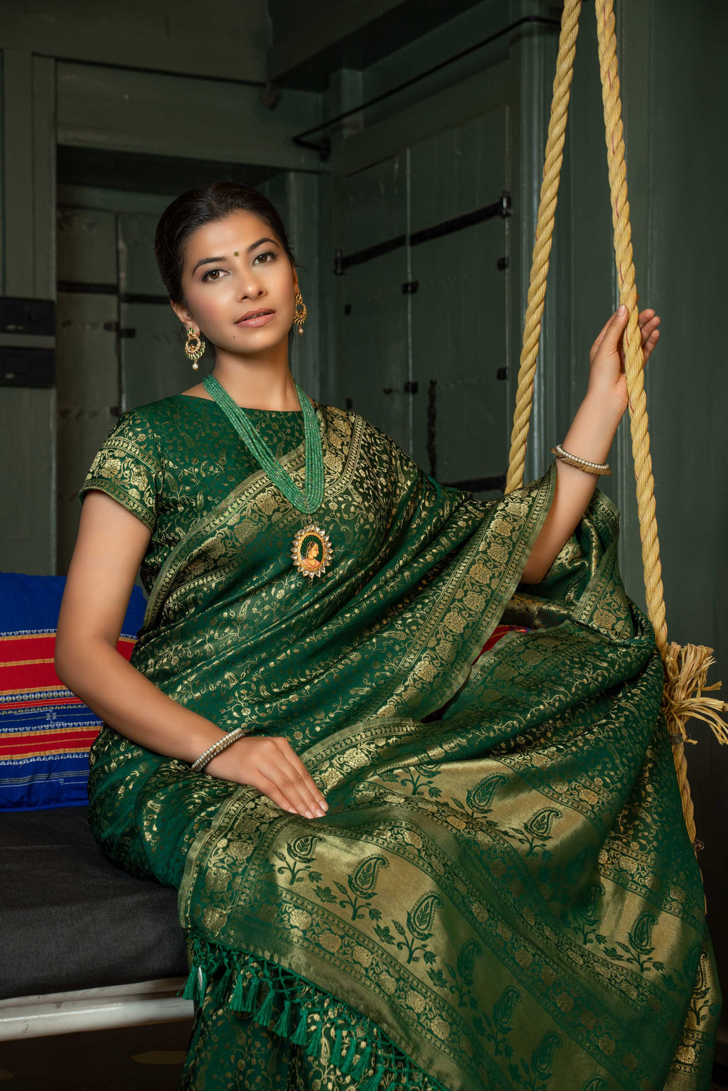 Vardha Myrtle Green Golden Zari Banarasi Satin Silk Saree | Grocsy