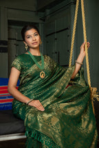Vardha Myrtle Green Golden Zari Banarasi Satin Silk Saree | Grocsy