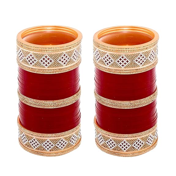 Tehzeeb Creations Bridal Bangle Set Wedding Punjabi Chuda Designer Chura CZ Stone Maroon Color Choora For Women | Grocsy