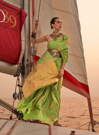 Monjolika Fashion Parrot Green Color Satin Pastel Handloom Weaving Saree | Grocsy